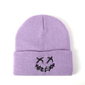 Purple knit beanie with a funny embroidered face and classic folded brim design - One Size / Light Purple