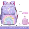Three-piece purple waterproof school backpack set for girls with rainbow pattern design - Includes Handbag + Pencil Case / Dreamy Purple Large 3-Piece Set
