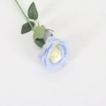 Artificial velvet rose stem with white and light blue gradient petals and green leaves - Large Round Ice Blue