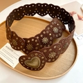 Dark brown heart-shaped studded belt with vintage sun rivets and bohemian style buckle - 42# Waist Chain - Coffee