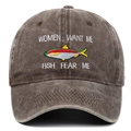 Detailed embroidery of fish and slogan on vintage washed cotton baseball cap - Coffee