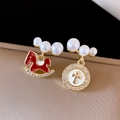 Asymmetric gold hoop earrings with red enamel rocking horse and zircon cross charm - 40# Cross Rocking Horse Style (HE28716) / Gold/Red