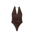 Sexy deep V-neck halter swimsuit in dark brown with metallic silver ring and ruching - S / Coffee