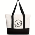 Canvas tote bag with black and white contrast and a decorative letter V floral print - Willow Floral Letter V / 46*12*31CM
