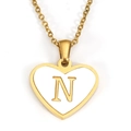 Golden heart pendant necklace with white enamel inlay and capital letter N - Letter N - Gold Heart Mother of Pearl