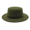 Classic olive green wool felt flat top wide brim boater hat for kids in retro style - S / Army Green