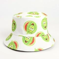 Close-up of a white bucket hat featuring cute cartoon watermelon prints and stitched brim - Smiley Watermelon White