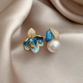 Vintage gold waterdrop earrings with blue enamel flowers and white faux pearl drops - 3# Silver Pin Asymmetric Pearl Flower Studs