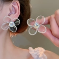 Élégantes grandes boucles d'oreilles fleurs translucides avec cristal central étincelant - Style de Fleur Transparente à Quatre Pétales (82#) / Grand / Blanc