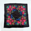 Traditional black cotton-linen square scarf featuring vibrant vintage floral folk patterns - 70x70cm / Black