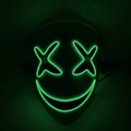 Detail of green LED neon wires on black mask with cross eyes and stitched smile effect - X-Eyes Style (Green Light)
