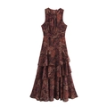 Vintage ärmelloses Paisley-Maxikleid mit gestuften Rüschen und Rundhals aus rotem Chiffon - XS / Dunkelbraun