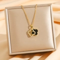 Double-layer clover necklace in gold with black shell and sparkling crystal pave detail - Gold / Black Shell (8403)