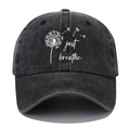 Vintage washed dark grey baseball cap featuring Just Breathe dandelion print design - One Size / Black