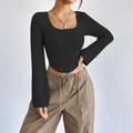 Women's slim fit black ribbed knit top with long sleeves and square neckline detail - S / Black