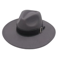 Detail view of a dark grey wide-brim wool fedora hat with a black belt and silver buckle - Dark Gray Heart (Black Wide Leather)
