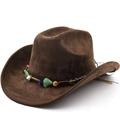Classic dark brown suede cowboy hat with bohemian turquoise bead trim on white background - Coffee