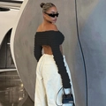 Black off-shoulder hollow out cropped top with long sleeves in a modern street style - S / Black