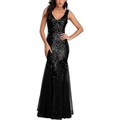 Black sequin mermaid evening gown with deep V-neck and ruffled tulle skirt hem - US size 2 / Black