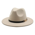 Detail of beige wool fedora hat featuring a black belt strap and gold chain buckle accent - M (56-58cm) / Beige