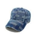 Macro detail of checkerboard denim fabric with distressed holes and frayed edge on baseball cap - M (56-58cm) / Navy Blue