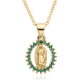 Macro shot of gold religious necklace featuring a Virgin Mary pendant with green zircons - B182-Green Zirconia Virgin Mary