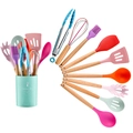 Colorful 11-piece silicone kitchen utensil set with wooden handles in a storage bucket - Small Bucket Compact Style / Colorful