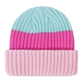 Detailed view of color-block ribbed knit beanie for children in blue and pink tones - Pink Rose Mint