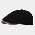 Detailed side view of black corduroy beret cap with brown faux leather visor - One Size / Black