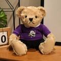 Light brown teddy bear in purple panda hoodie plush toy sitting on a wooden desk - Panda Holding Bamboo Hoodie Set / Purple