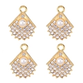 Detail of four golden fan-shaped pendants featuring pearls and clear zircons in 2x2 grid - Fan Shape Pearl Rhinestone (px1086-25)