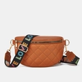 Brown quilted PU leather waist bag with colorful LOVE embroidered wide strap - Tan