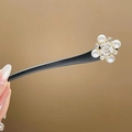 Elegant hair pin with white faux pearl flower and rhinestones on a black wooden rod - 120# White Camellia Pearl Hair Stick