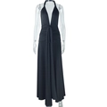 Detail of elegant black halter neck maxi dress featuring deep V-neck and draped waist design - S / Black