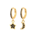 Gold S925 silver asymmetric star and moon hoop earrings with black zircon stones - Black