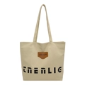 Bolso tote grande de lona beige con letras ENERLIG y detalle de parche de cuero - Amarillo