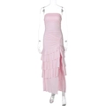 Detail of pink strapless ruffled layered dress with high slit on transparent mannequin - S / Pink