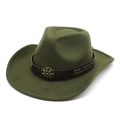 Close-up of military green cowboy hat featuring a leather band and antique floral metal buckle - M (56-58cm) / Army Green