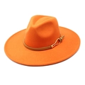 Detail of orange wool fedora featuring a brown leather band and gold metal buckle - M / Orange