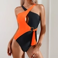 One-piece swimsuit with orange and black color-block, waist cutout and metal ring detail - S / Orange/Black