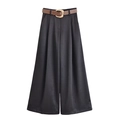 Women's high waist black wide leg trousers with a brown belt and wavy gold buckle - XS / Black