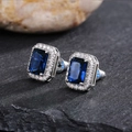 Classic rectangle deep blue gemstone stud earrings with white zircon halo in silver finish - Blue Diamond Square Earrings Led-104