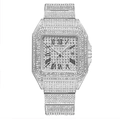 Luxurious silver square quartz watch fully iced out with diamonds and Roman numerals - Silver