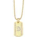 Detail of gold rectangular pendant with letter D, textured surface and bead chain - Letter D