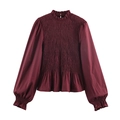 Women's burgundy long sleeve blouse with honeycomb texture, stand collar and ruffles - XS / Burgundy