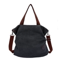 Bolso tote de lona gris oscuro con asas marrones y correa ajustable para el hombro - Negro