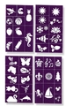 Detailansicht von 4 violetten Kunststoff-Tattooschablonen mit verschiedenen Tier- und Pflanzenmustern - Lila Mustervorlagen (4 Blatt)
