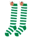 Detail of Christmas knee-high socks featuring green stripes and 3D reindeer doll decor - Kids (7-12 Years Old) / Green White Stripes / Red Hat Reindeer