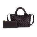 Bolso tote de cuero trenzado marrón oscuro con estuche a juego y correa de hombro - Púrpura Uva