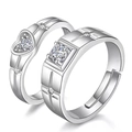 Close-up of heart and square cut couple rings with adjustable silver open bands - Love of Life